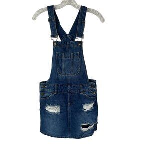 Blue Spice Denim Overalls Dress Skirt Womens Size 3 Blue Distressed